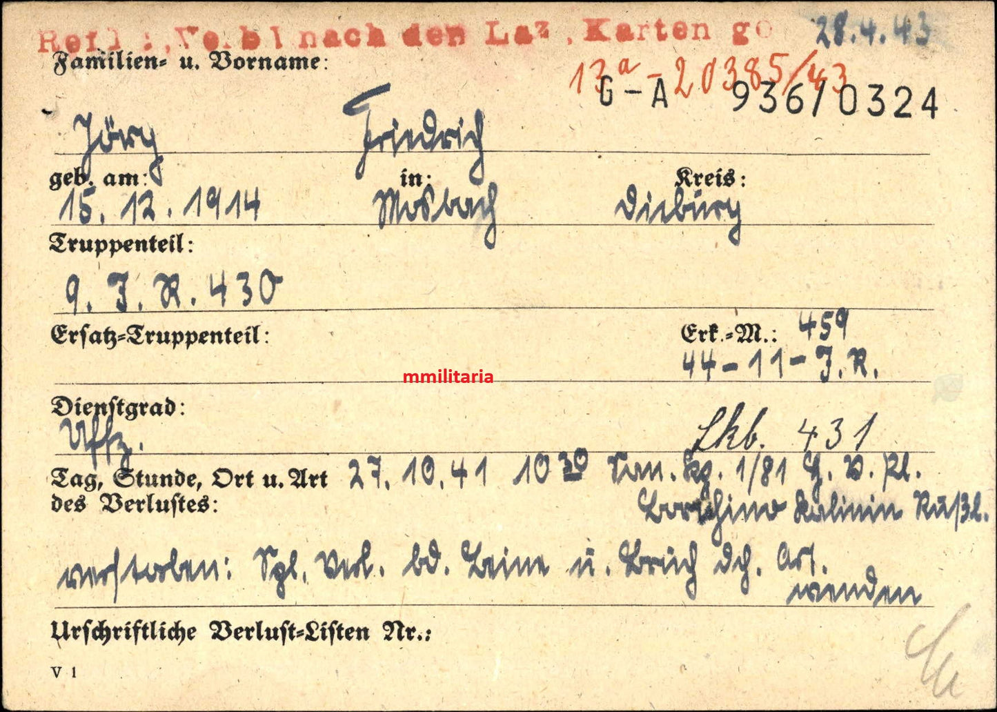 Sterbebild Unteroffizier Mosbach 9. Inf. Regt. 430 Borichino Russland