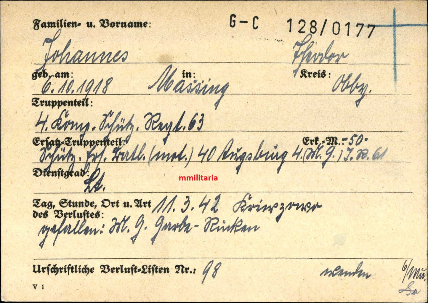 Sterbebild Leutnant Massing 4. Komp. Schützen Regt. 63 Kriwzowo Russland - www.mmilitaria.com