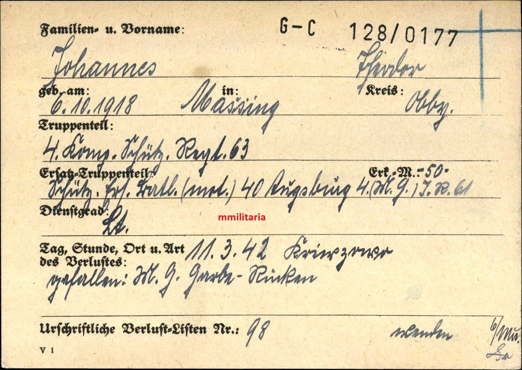 Sterbebild Leutnant Massing 4. Komp. Schützen Regt. 63 Kriwzowo Russland - www.mmilitaria.com