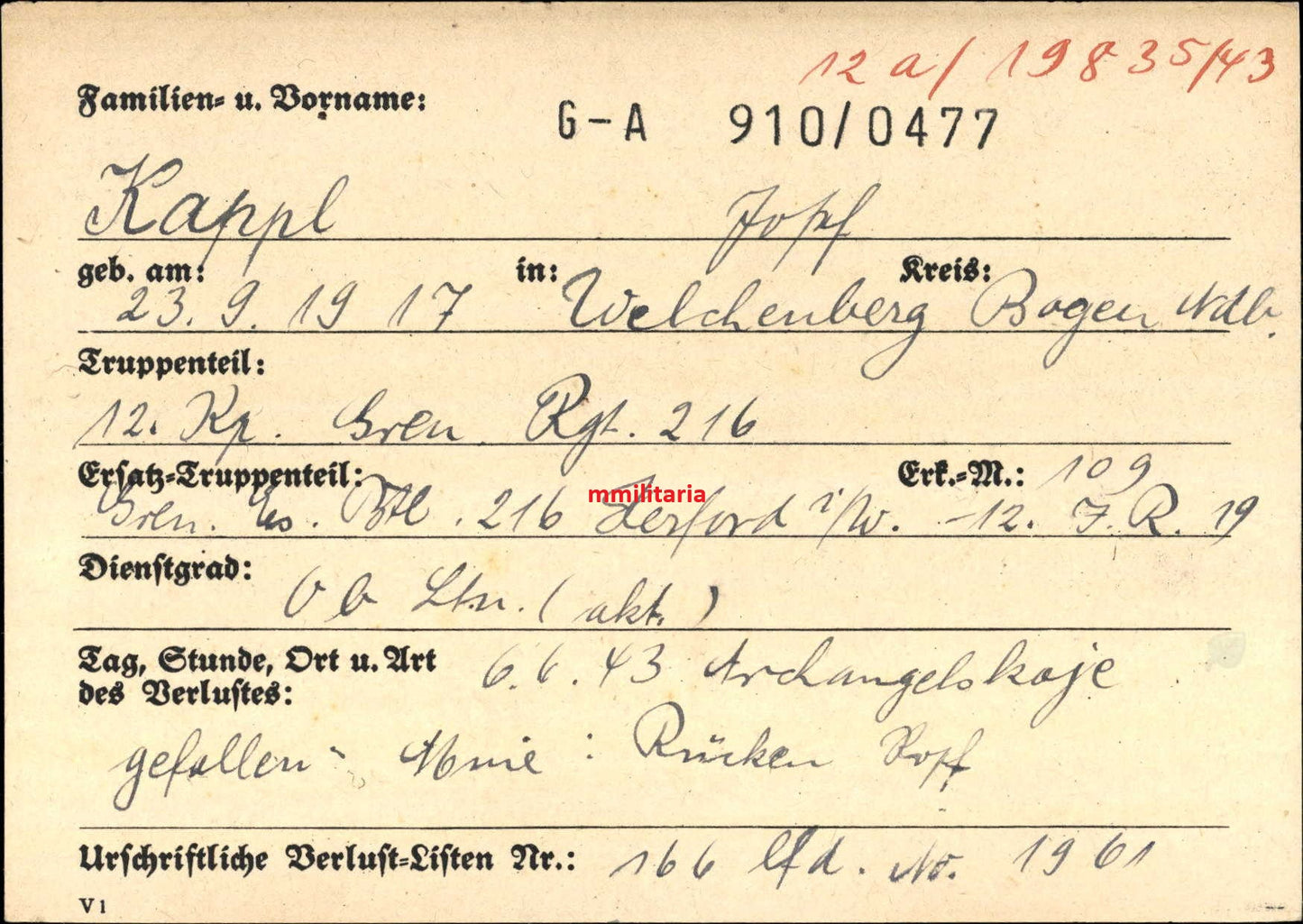 Sterbebild Oberleutnant Welchenberg 12. Komp. Gren. Regt. 216 DKiG Archangelskoje Russland