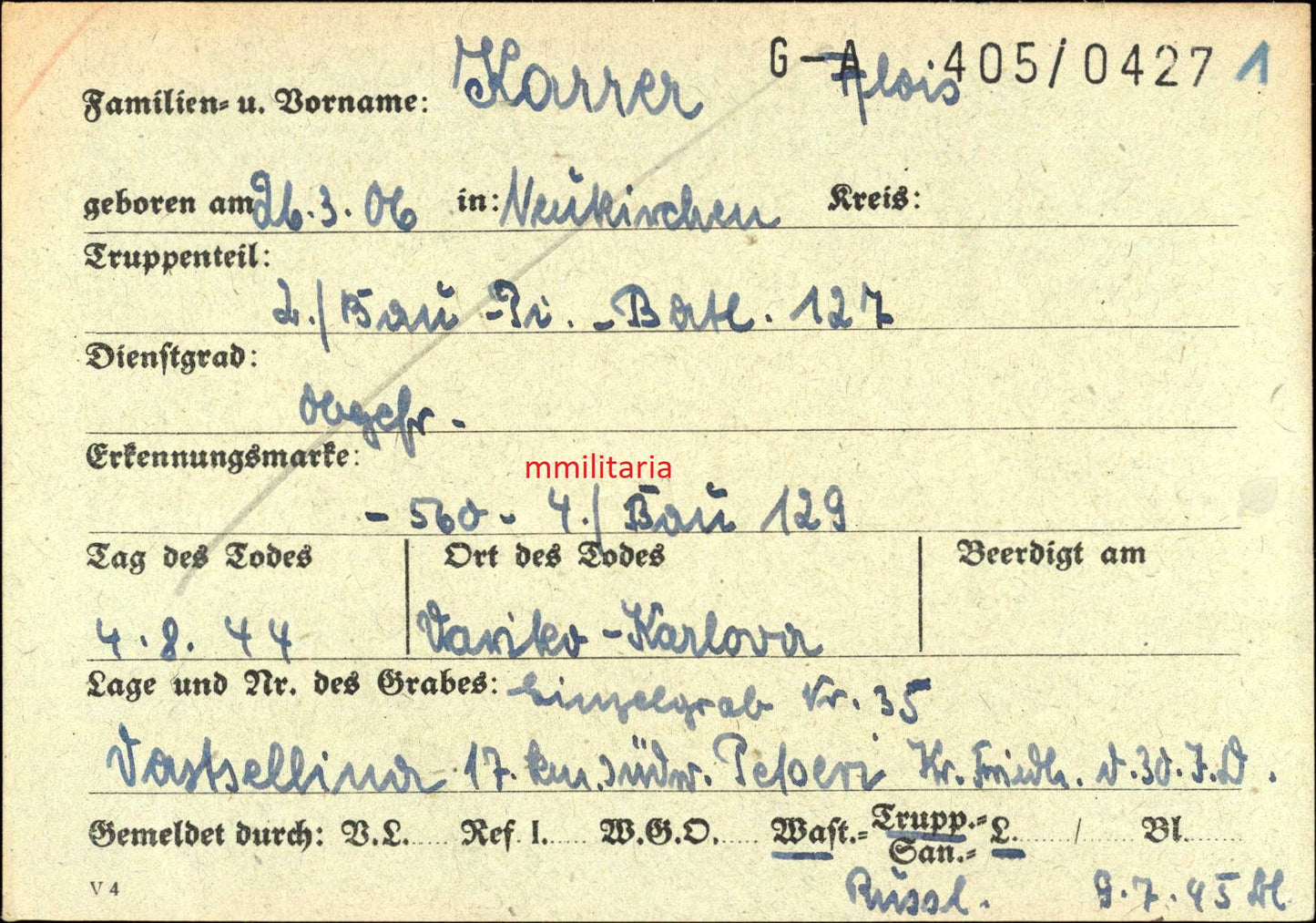 Sterbebild Obergefreiter Walzing 2. Bau-Pionier Btl. 127 Aristowa Narwa Estland