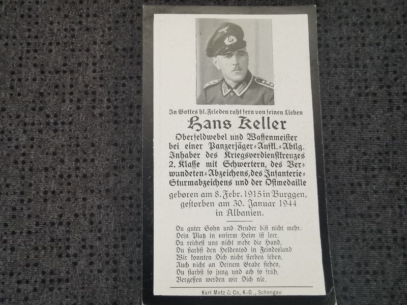 Sterbebild Oberfeldwebel Burggen Waffenmeister Panzerjäger Aufkl. Abt. EK II KvK ISA Albanien