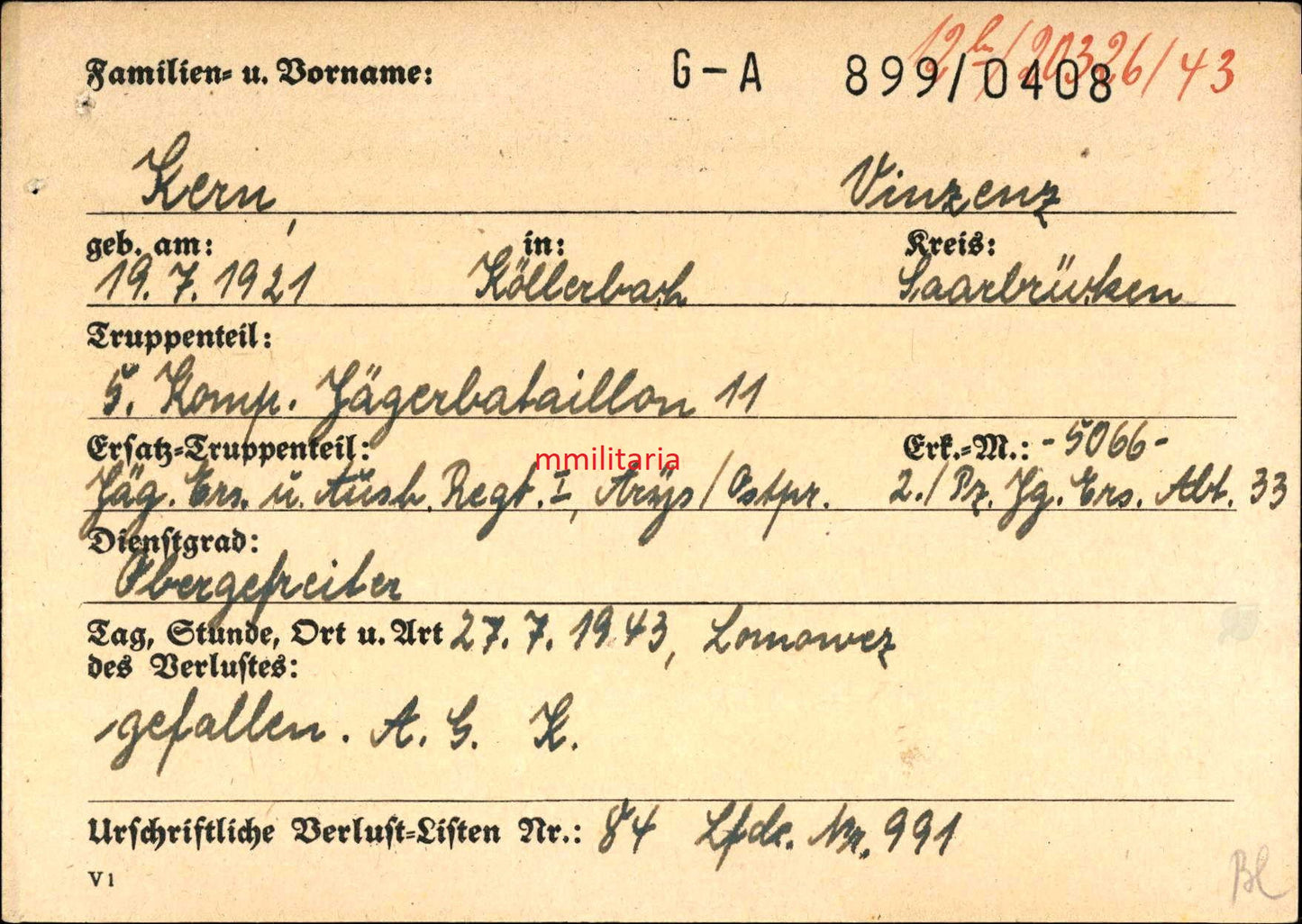 Sterbebild Obergefreiter Köllerbach Melder 5. Komp. Jägerbataillon 11 Orel Russland