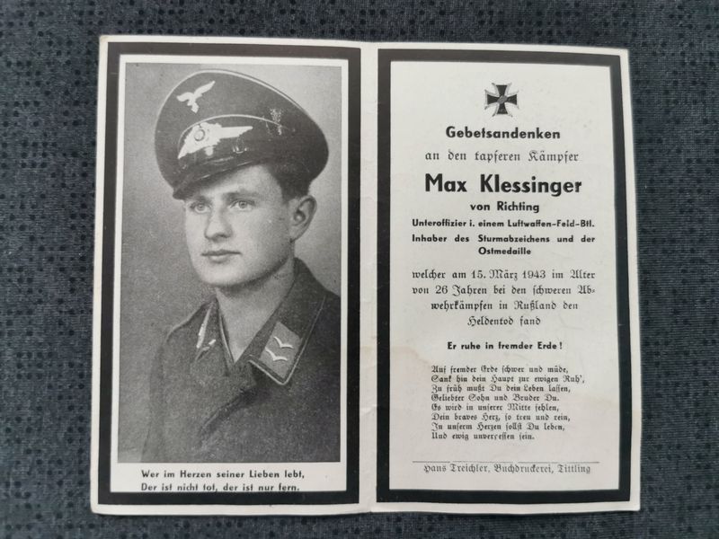 Sterbebild Unteroffizier 1. Komp. Luftwaffen Feld Btl. 4 Parfinostrasse Staraja Russa Russland