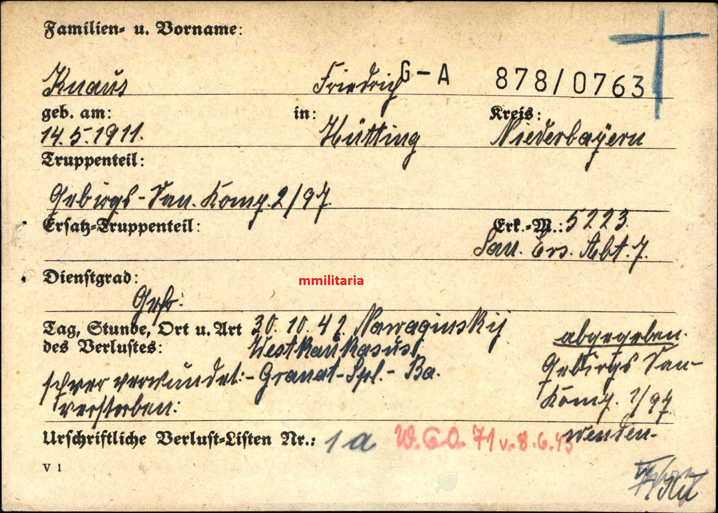 Sterbebild Gefreiter Hütting Priester Gebirgs-San. Komp. 2/97 Tuapse Kaukasus Russland - www.mmilitaria.com