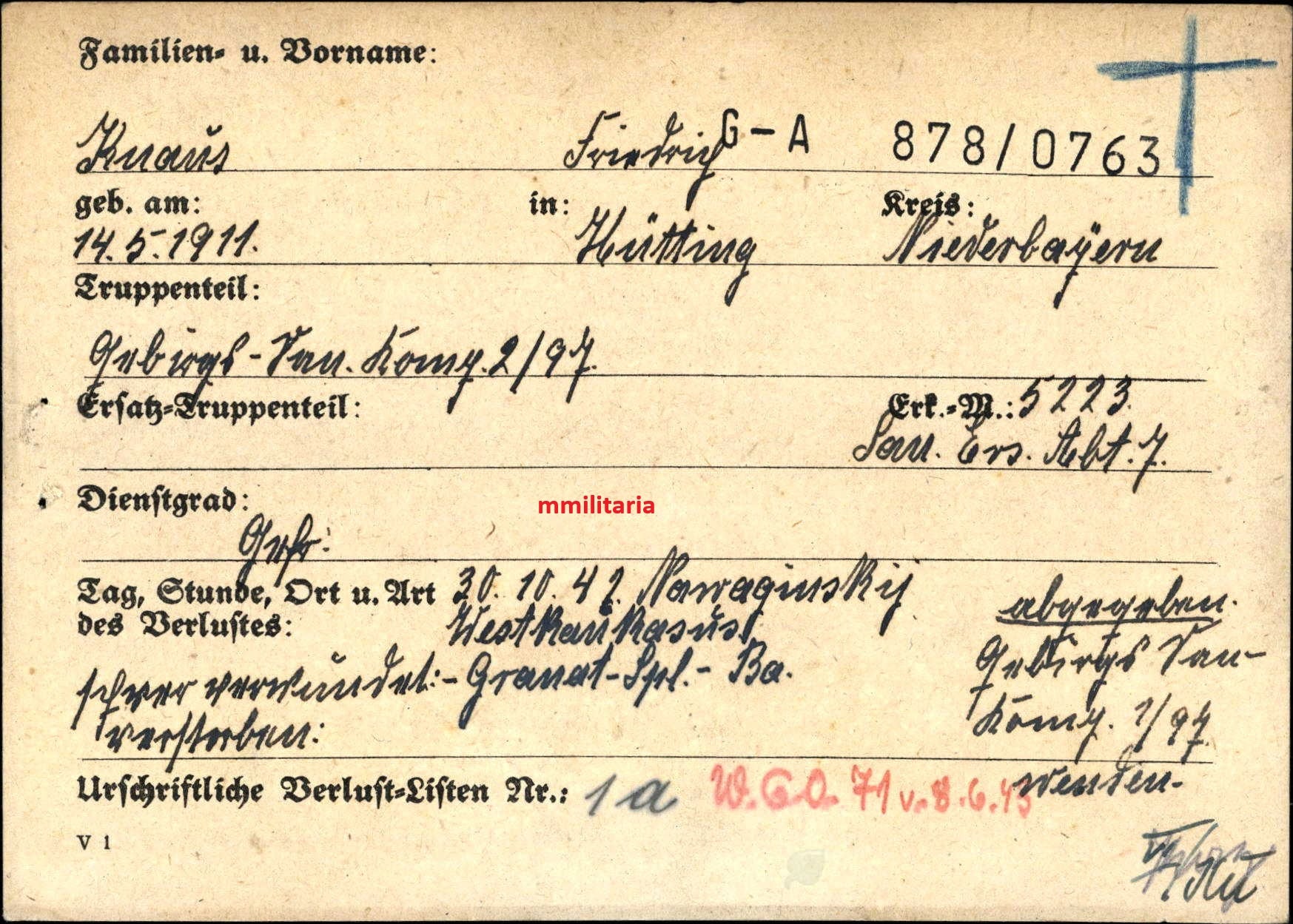 Sterbebild Gefreiter Hütting Priester Gebirgs-San. Komp. 2/97 Tuapse Kaukasus Russland - www.mmilitaria.com