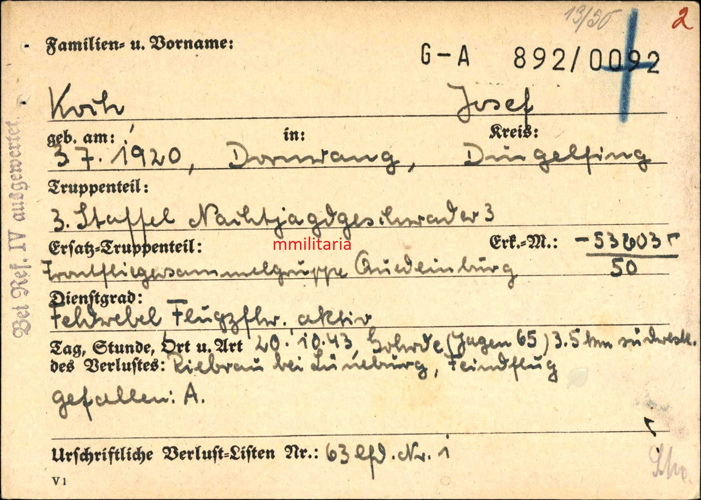 Sterbebild Feldwebel Dingolfing 3. Staffel Nachtjagdgeschwader 3 3/NJG-3 Lüneburg Feindflug