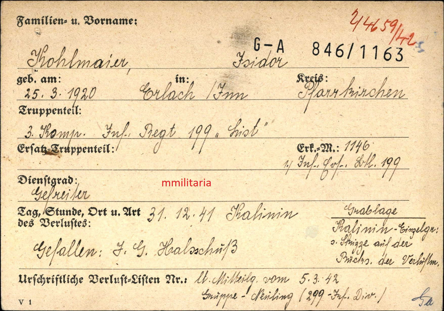 Sterbebild Gefreiter Erlach am Inn 3. Komp. Inf. Regt. 199 "List" Kalinin Kursk Russland