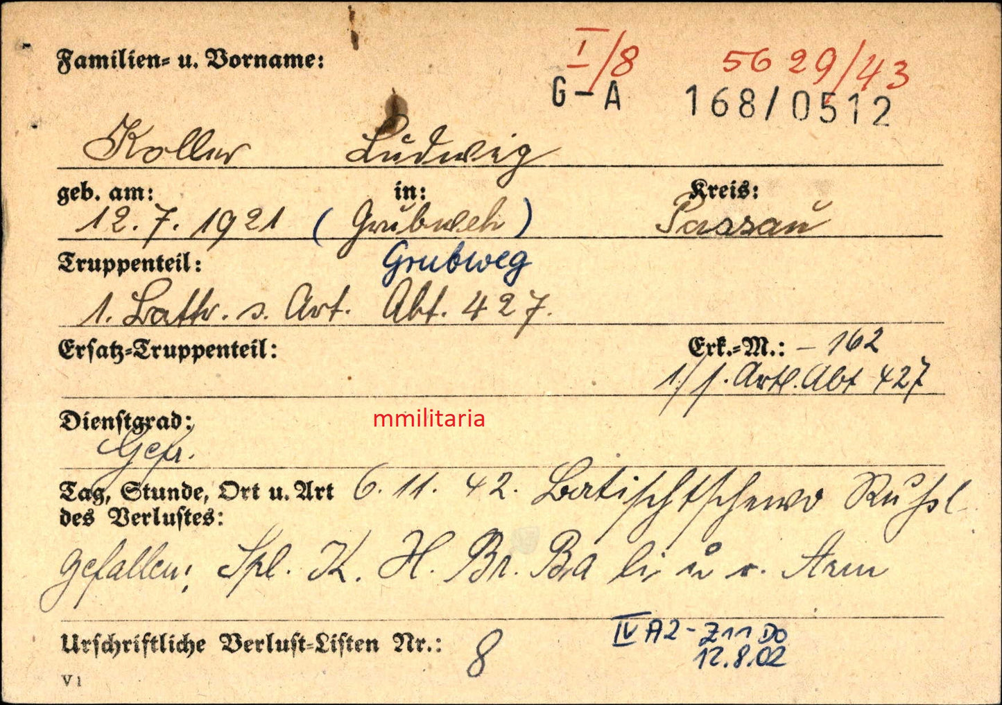 Sterbebild Gefreiter Grubweg 1. Batterie Schwere Art. Abt. 427 Batischtschewo Russland