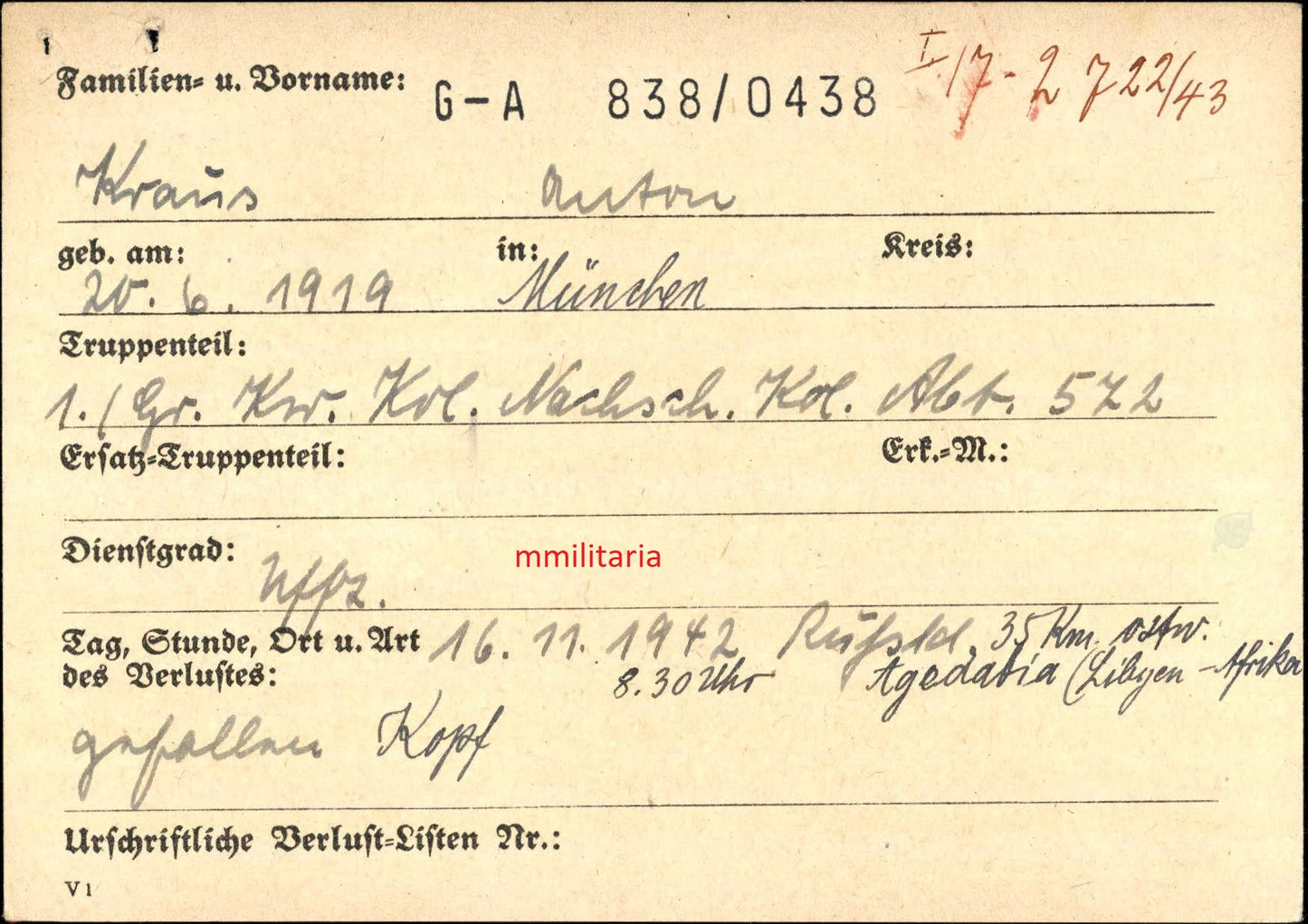 Sterbebild Unteroffizier & Staffelführer München 1. Gruppe Nachschub Kol. Abt. 572 dt.-ita. Erinnerungsmedaille DAK Agedabia Tobruk Lybien