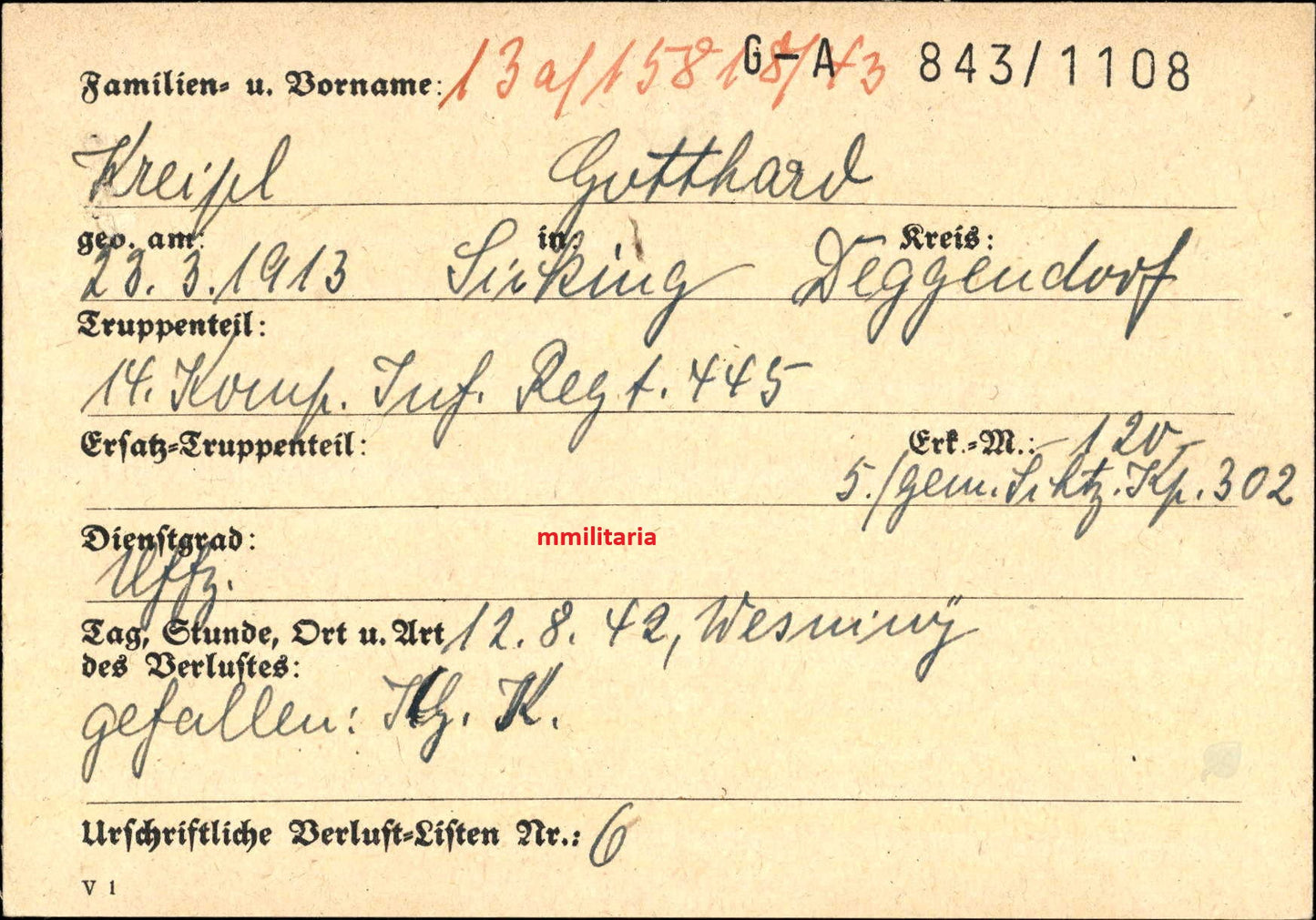 Sterbebild Unteroffizier Sicking 14. Komp. Inf. Regt. 445 Wesniny Russland - www.mmilitaria.com