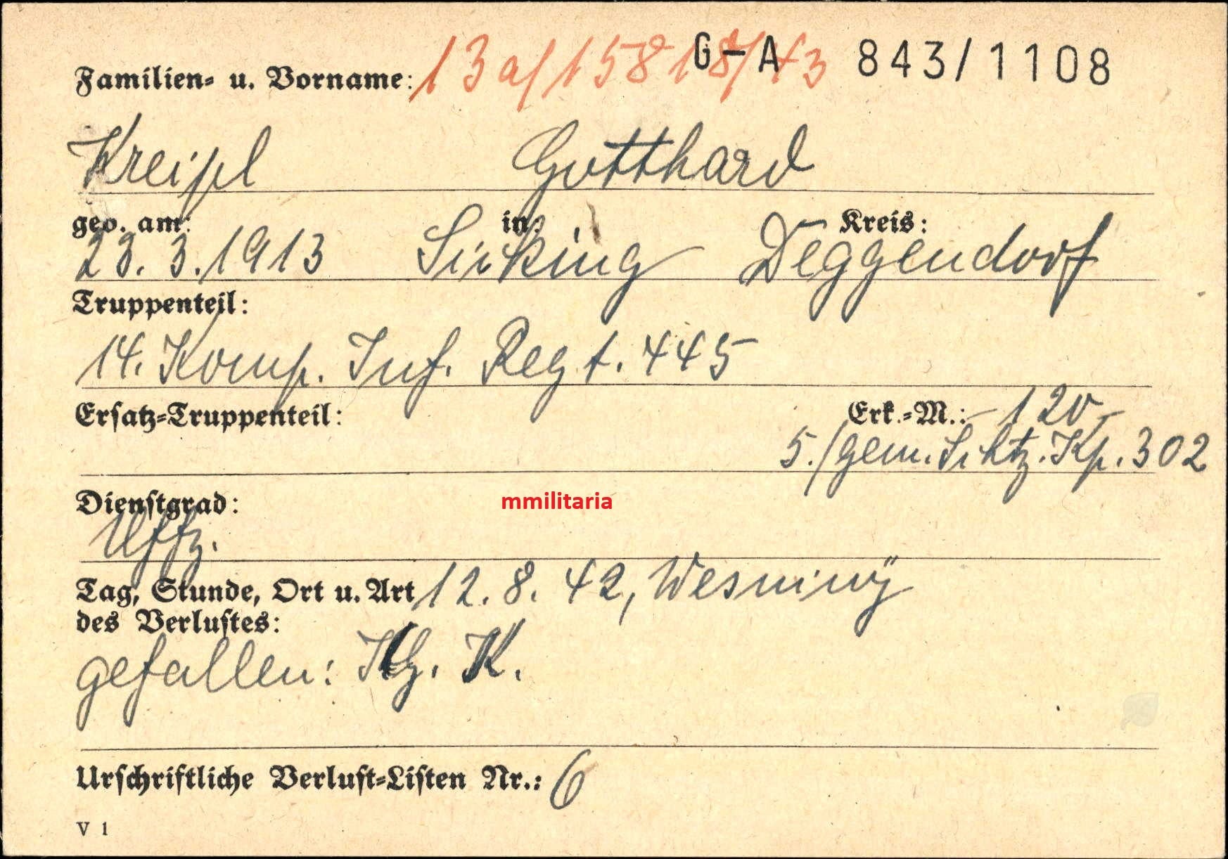 Sterbebild Unteroffizier Sicking 14. Komp. Inf. Regt. 445 Wesniny Russland - www.mmilitaria.com