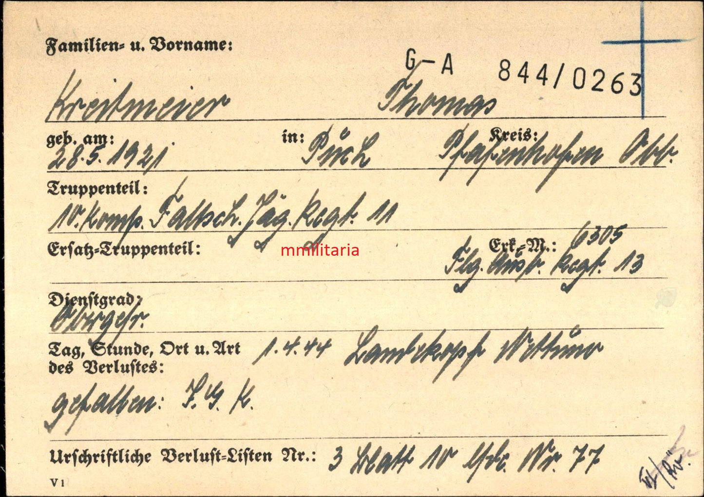 Sterbebild Obergefreiter Puch 10. Komp. Fallschirmjäger Regt. 11 Landekopf Nettuno Italien