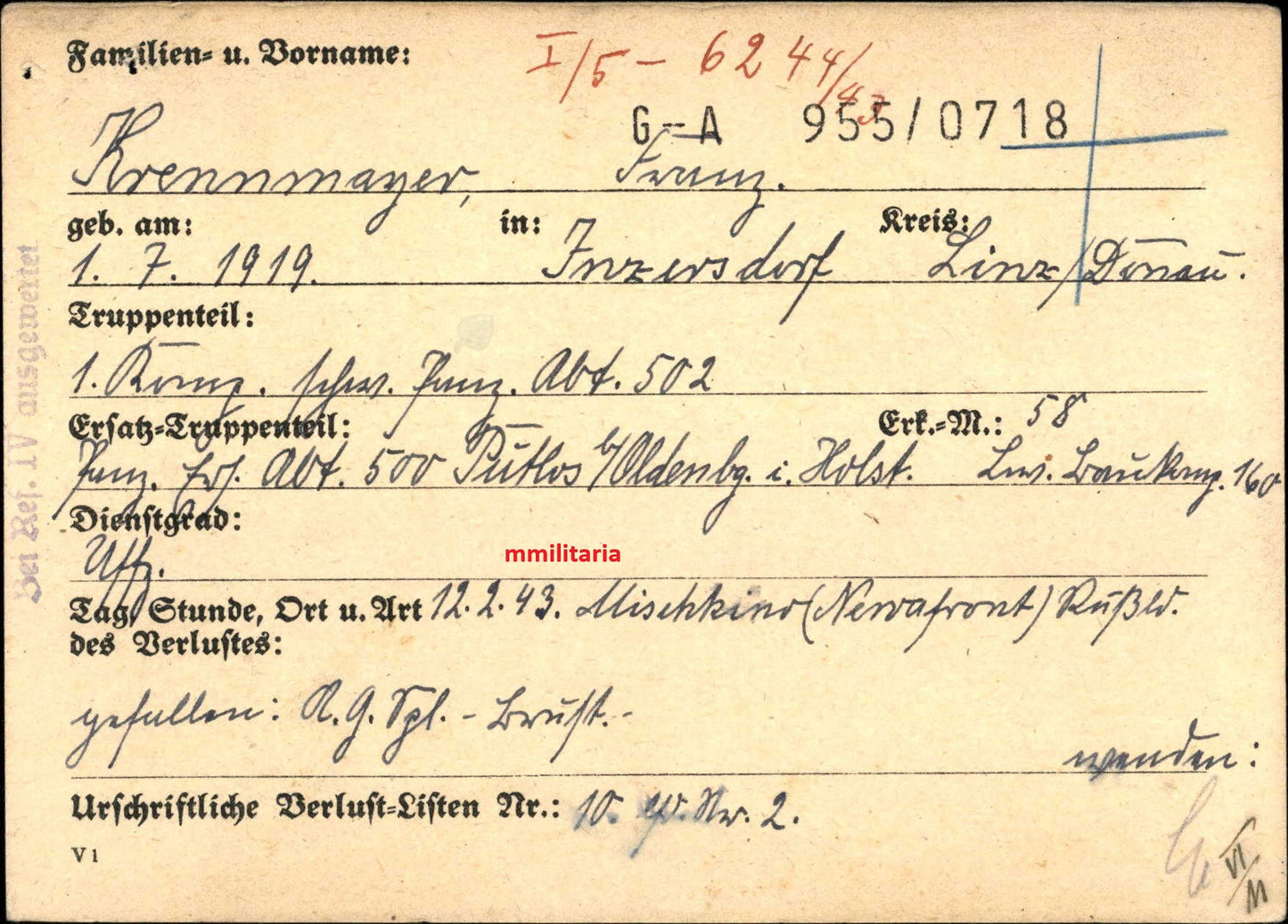 Sterbebild Unteroffizier Inzersdorf 1. Komp. Schwere Panzer Abt. 502 PSA Mischkino Russland - www.mmilitaria.com
