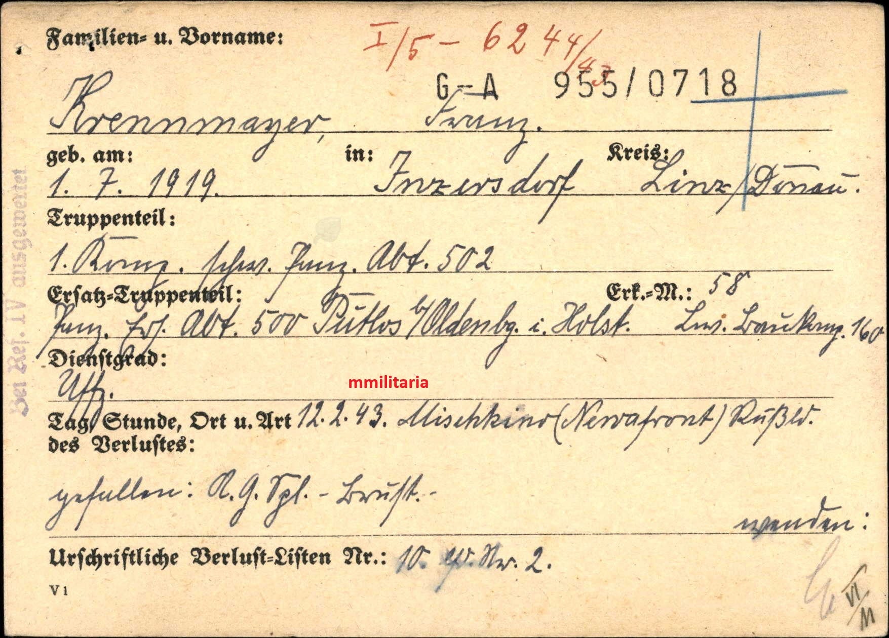 Sterbebild Unteroffizier Inzersdorf 1. Komp. Schwere Panzer Abt. 502 PSA Mischkino Russland - www.mmilitaria.com