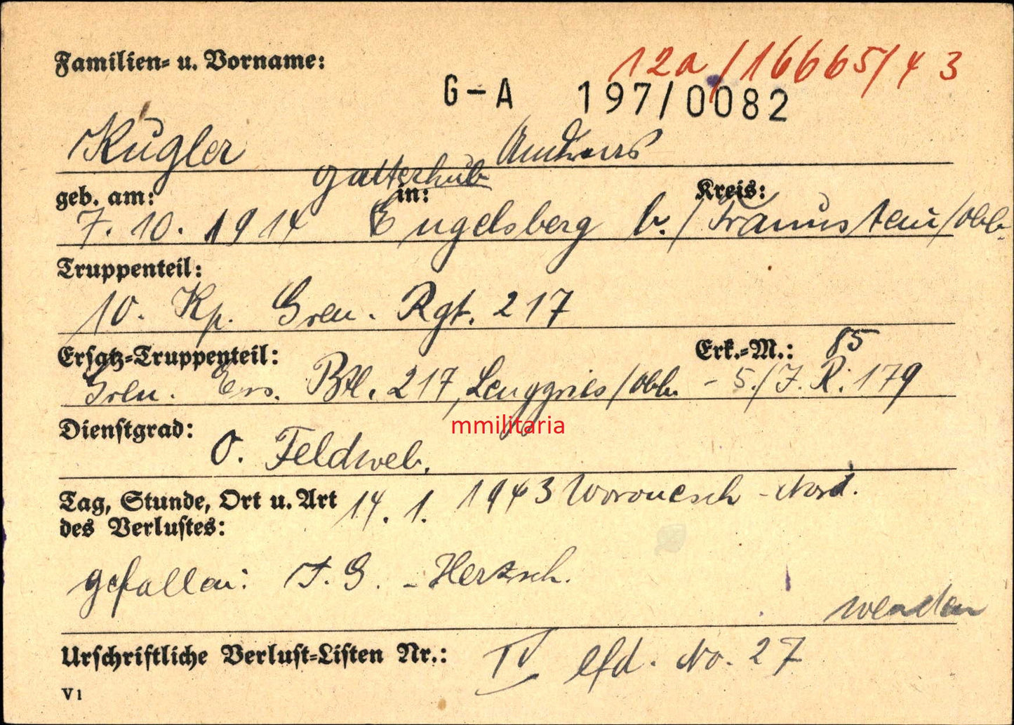 Sterbebild Oberfeldwebel Gatterhub 10. Komp. Gren. Regt. 217 Woronesch Russland