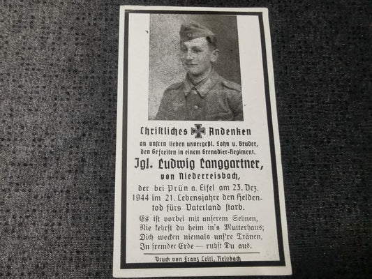 Sterbebild Gefreiter Grenadier Regt. Prün an der Eifel Neuerburg Heimatfront Deutschland