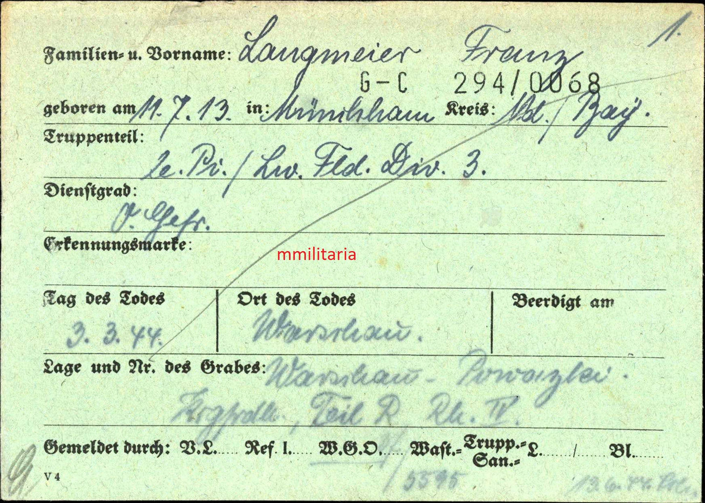 Sterbebild Obergefreiter Triftern Pionier-LW Feld Div. 3 Res.Laz. VIII Warschau Polen