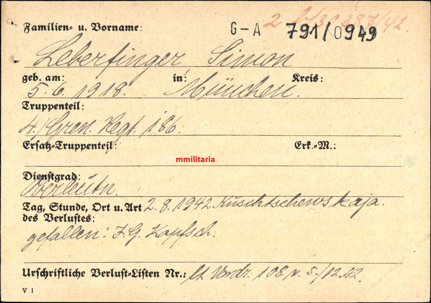 Sterbebild Oberleutnant München KP-Chef 4. Gren. Regt. 186 Rostow Russland