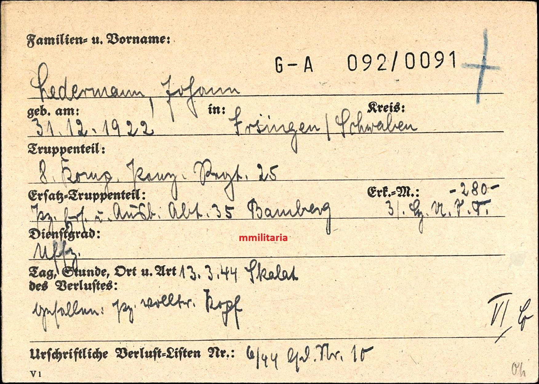 Sterbebild Unteroffizier Irsingen 8. Komp. Panzer Regt. 25 PSA Skalat Ukraine - www.mmilitaria.com