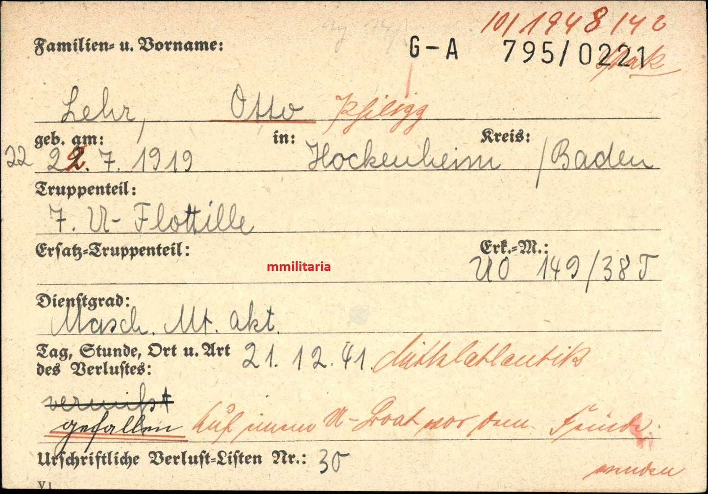Sterbebild MaschMt Hockenheim 7. U-Flottille U 567+ Narvik Abz. Gold Azoren Atlantik - www.mmilitaria.com