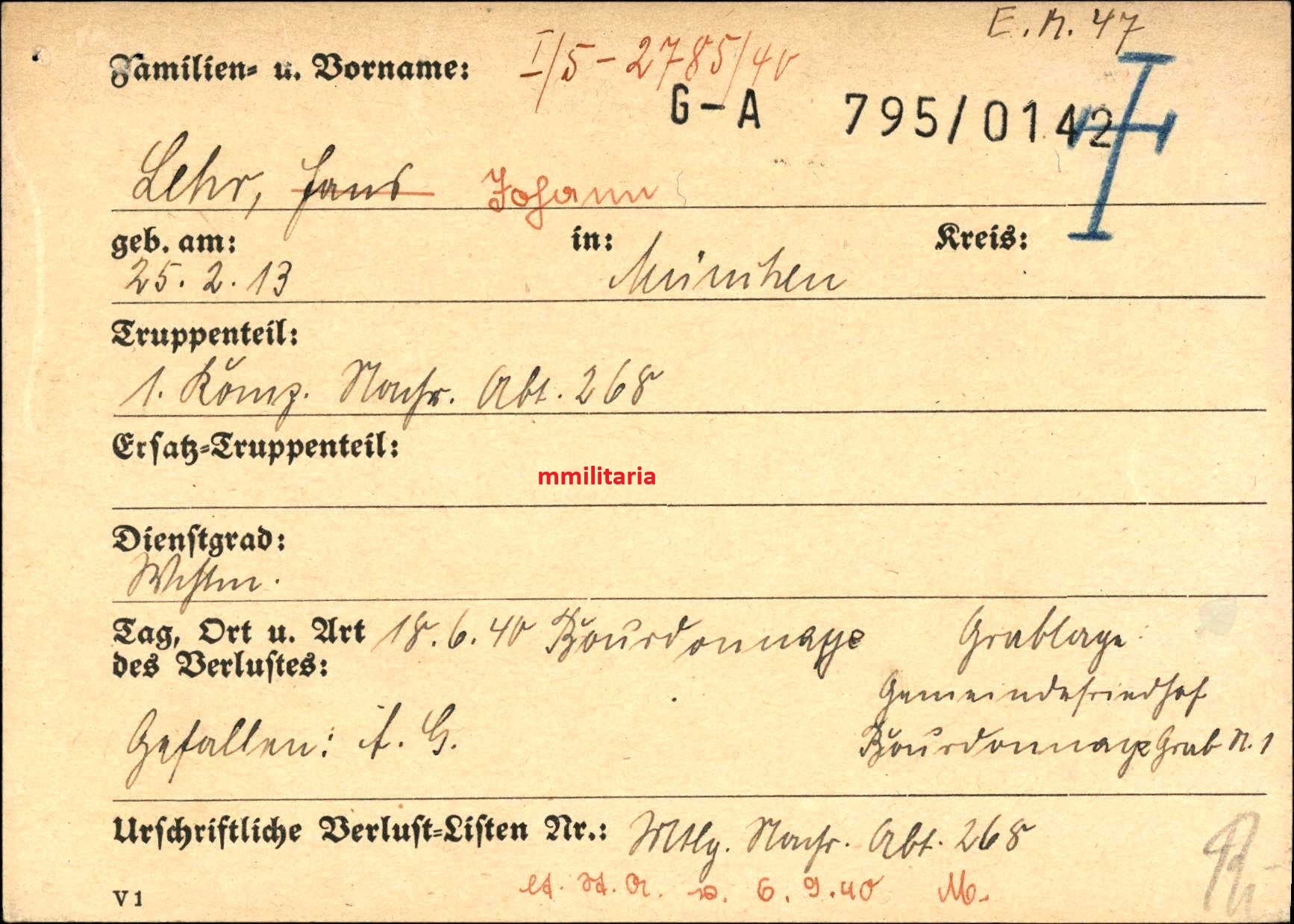 Sterbebild Wachtmeister München 1. Komp. Nachrichten Abt. 268 Bourdonnay Lagarde Frankreich - www.mmilitaria.com