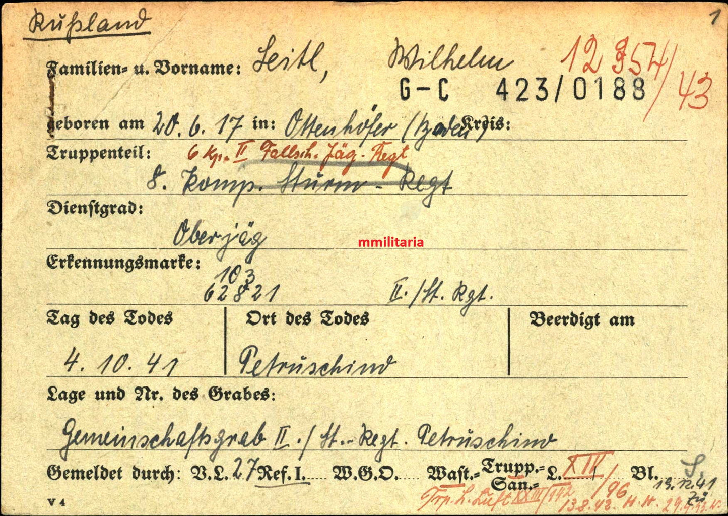 Sterbebild Unteroffizier Hohenwarth 6. Komp. Fallschirmjäger Regt. 2 Petruschino Russland