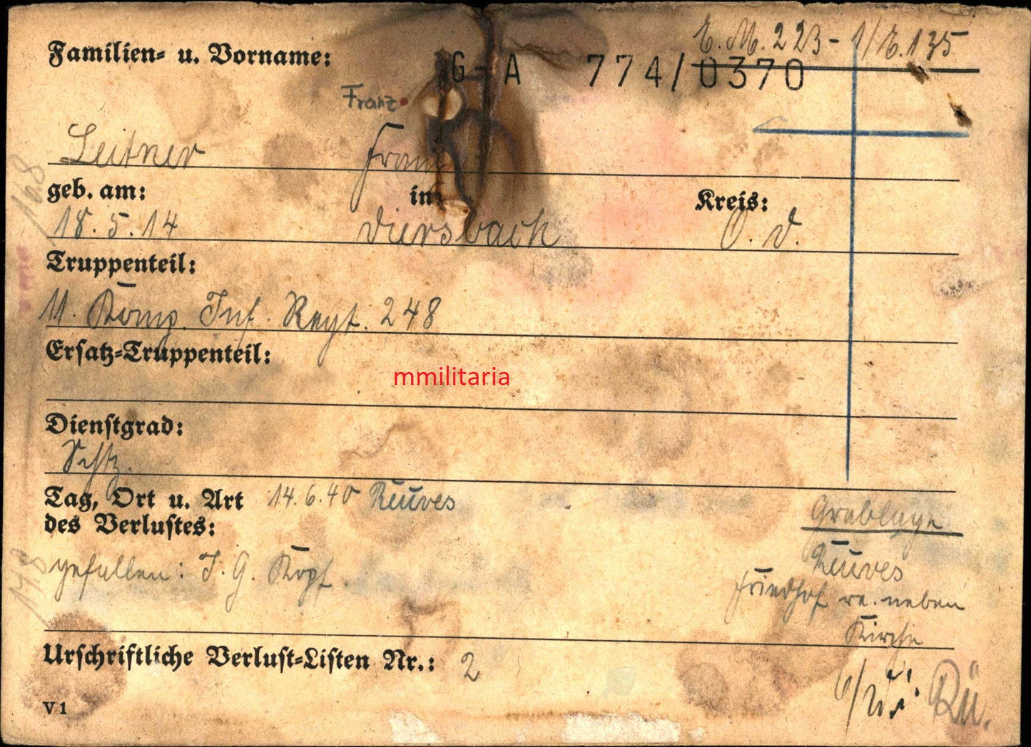 Sterbebild Schütze Diersbach 11. Komp. Inf. Regt. 248 Reuves Noyers-Pont-Maugis Frankreich