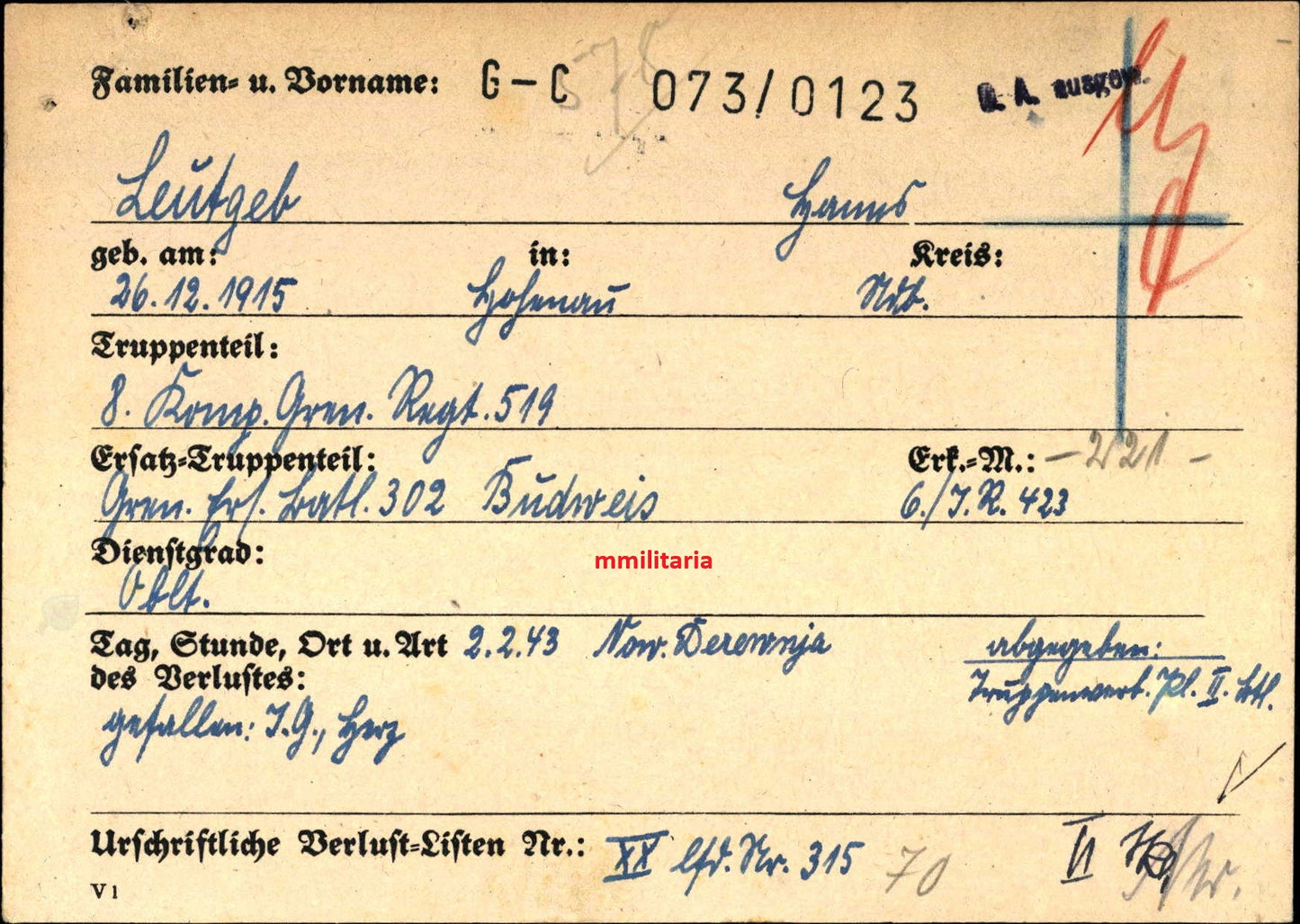 Sterbebild Leutnant Hohenau KP-Chef 8. Komp. Gren. Regt. 519 Desewnja Orel Russland - www.mmilitaria.com