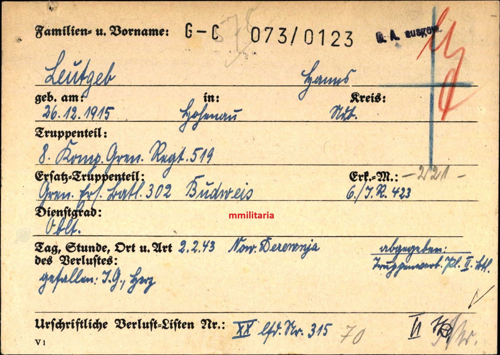 Sterbebild Leutnant Hohenau KP-Chef 8. Komp. Gren. Regt. 519 Desewnja Orel Russland - www.mmilitaria.com