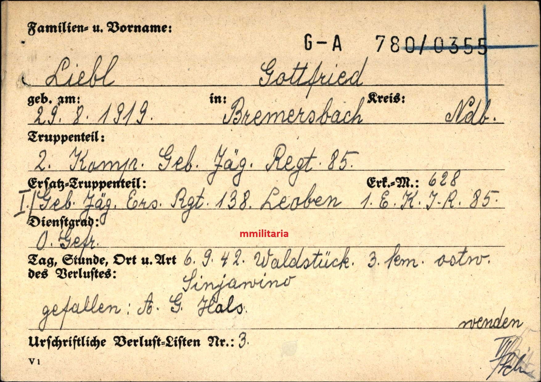 Sterbebild Obergefreiter Bremersbach 2. Komp. Gebirgsjäger Regt. 85 Sinjawino Russland - www.mmilitaria.com