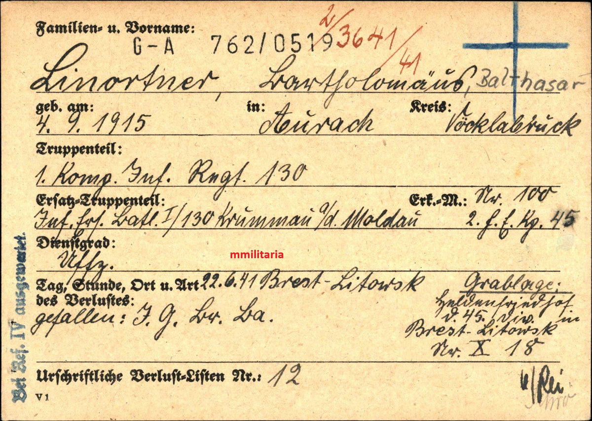 Sterbebild Unteroffizier Aurach 1. Komp. Inf. Regt. 130 Festung Brest Litowsk Unternehmen Barbarossa Weissrussland