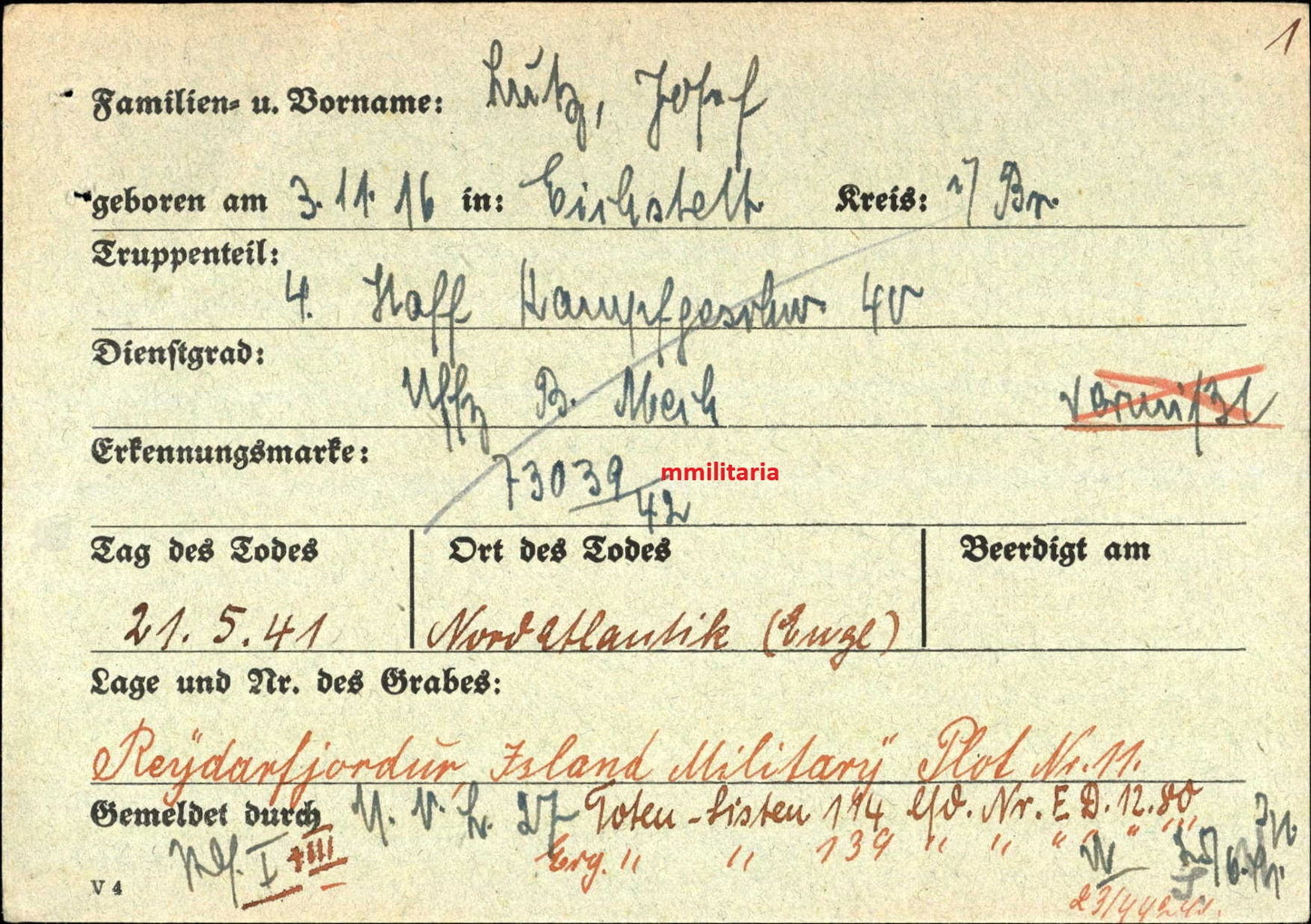 Sterbebild Unteroffizier Eichstätt Pilot 4./KG-40 Feindflug England Fossvogur Reykjavík Island - www.mmilitaria.com