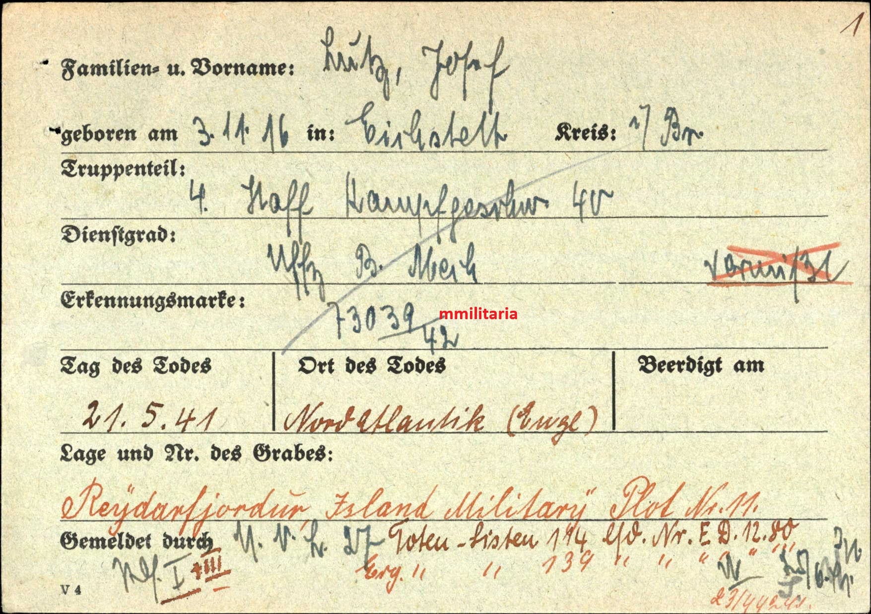 Sterbebild Unteroffizier Eichstätt Pilot 4./KG-40 Feindflug England Fossvogur Reykjavík Island - www.mmilitaria.com