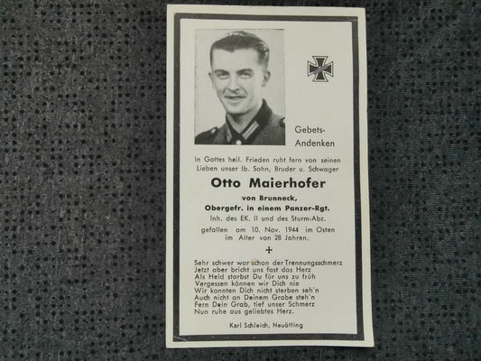 Sterbebild Obergefreiter Brunneck Panzer Regt. EK II Sturmabz. Metraine Kurland Lettland