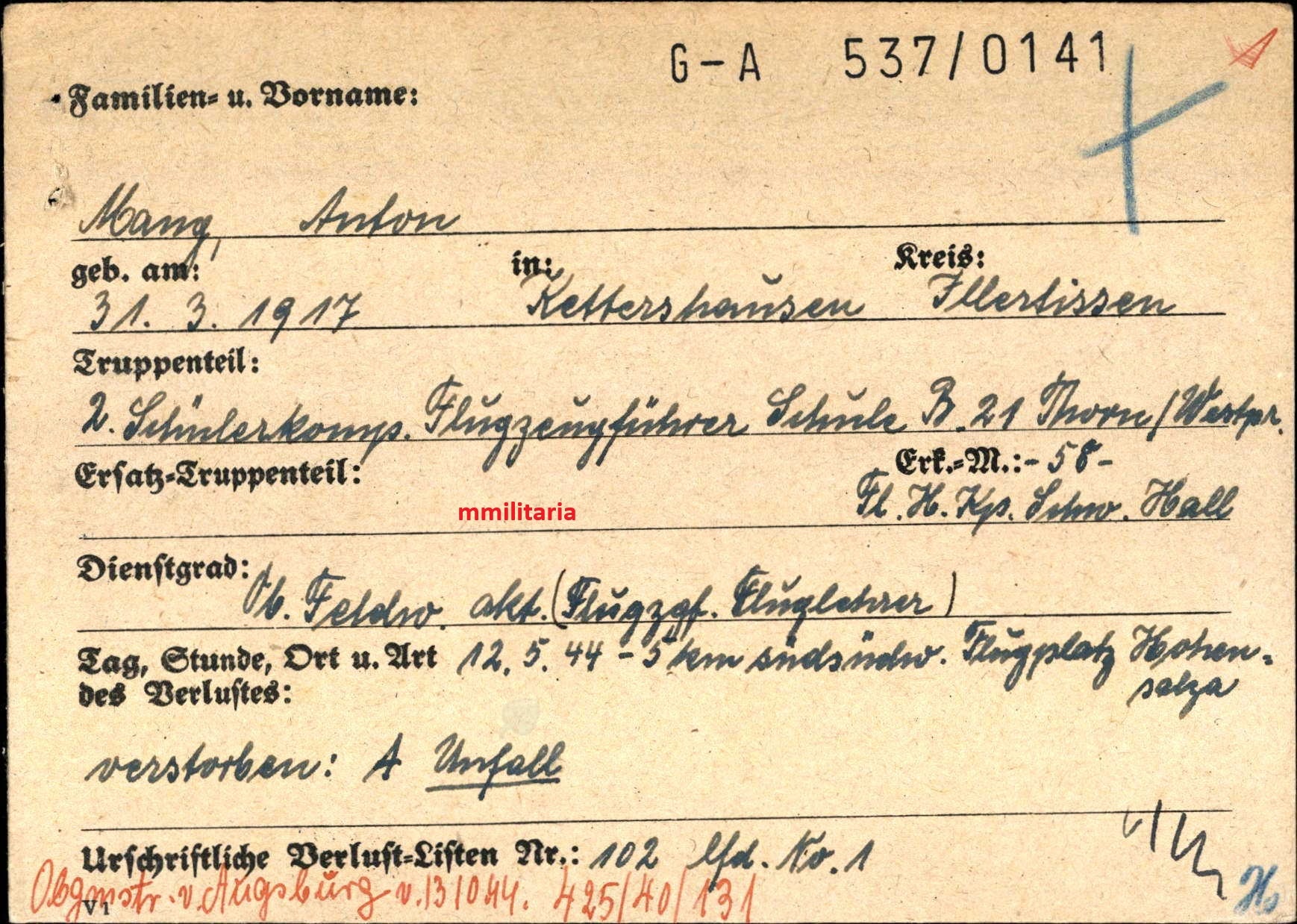 Sterbebild Oberfeldwebel Kettershausen Pilot & Fluglehrer FFS B21 Hohensalza Warthegau - www.mmilitaria.com