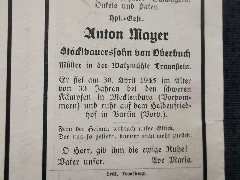 Sterbebild Hauptgefreiter Traunstein Endkampf Heimatfront Mecklenburg-Vorpommern Deutschland