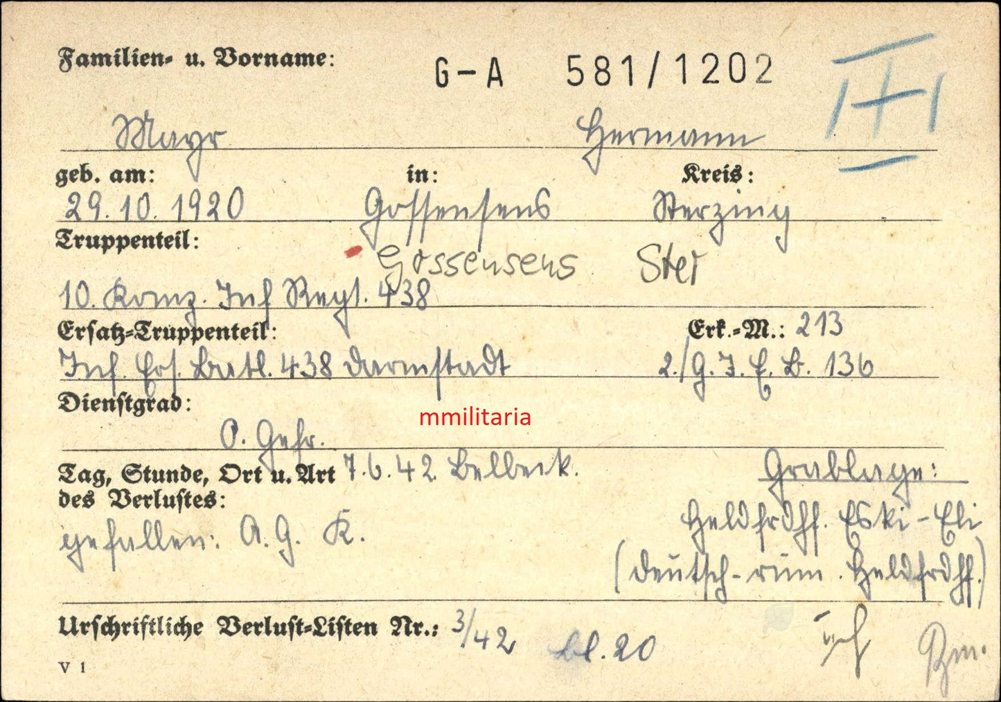 Sterbebild Obergefreiter Gossensaß 10. Komp. Inf. Regt. 438 Belbeck Russland