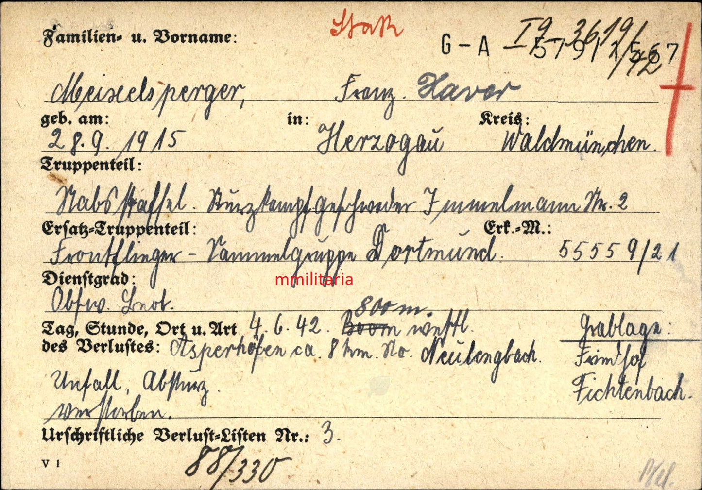 Sterbebild Oberfeldwebel Waldmünchen Stabsstaffel Stuka-Geschwader 2 "Immelmann" FFS Gold Asperhöfen Österreich