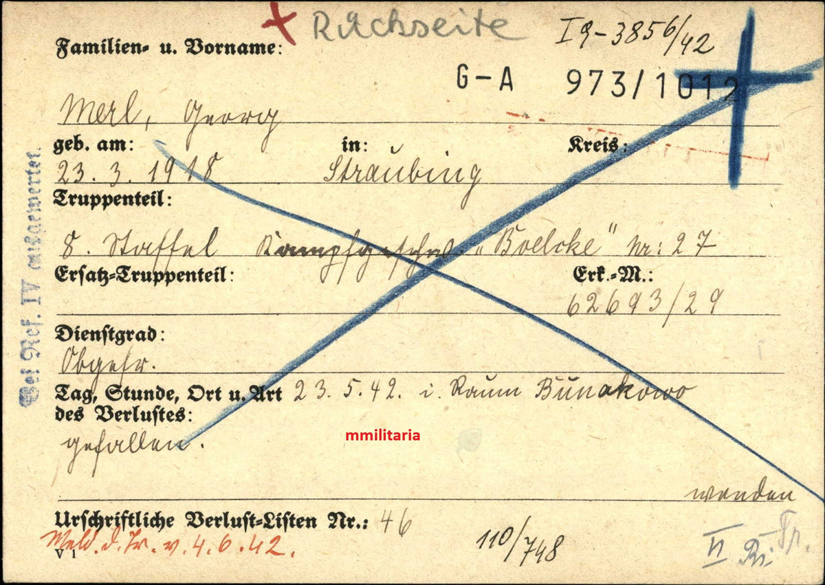 Sterbebild Obergefreiter Straubing Pilot 8./KG-27 "Boelcke" FFS Bunakowo Russland