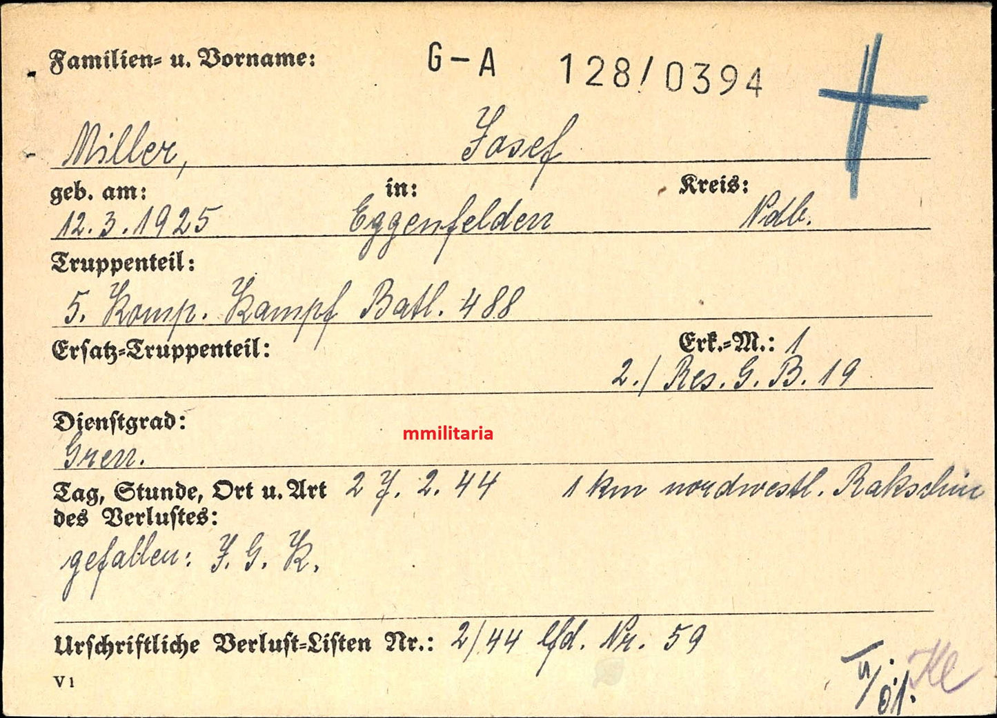 Sterbebild Schütze Eggenfelden 5. Komp. Kampf Btl. 488 Raksetin Weissrussland