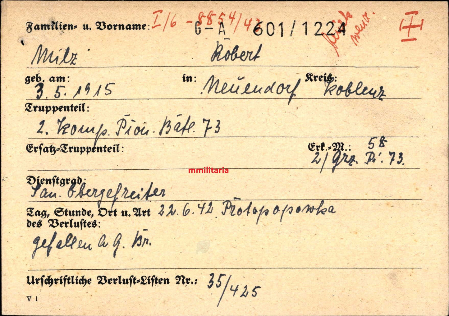 Sterbebild Obergefreiter Koblenz-Neuendorf Pionier Btl. 73 Westwall Abz. Protopopowka Ukraine - www.mmilitaria.com