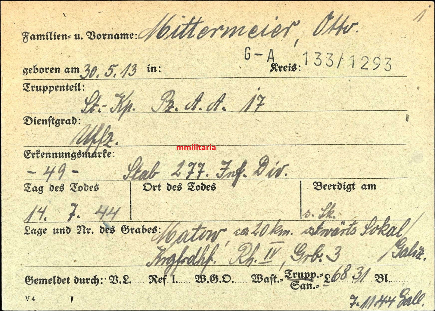 Sterbebild Unteroffizier Neumühlhausen Panzer-Aufklärungs-Abt. 17 PSA Porwancze Ukraine
