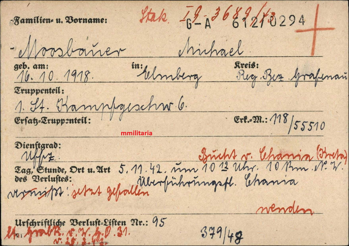 Sterbebild Unteroffizier Elmberg Pilot 1./KG-6 FFS Bronze Kreta Sizilien Griechenland Italien - www.mmilitaria.com