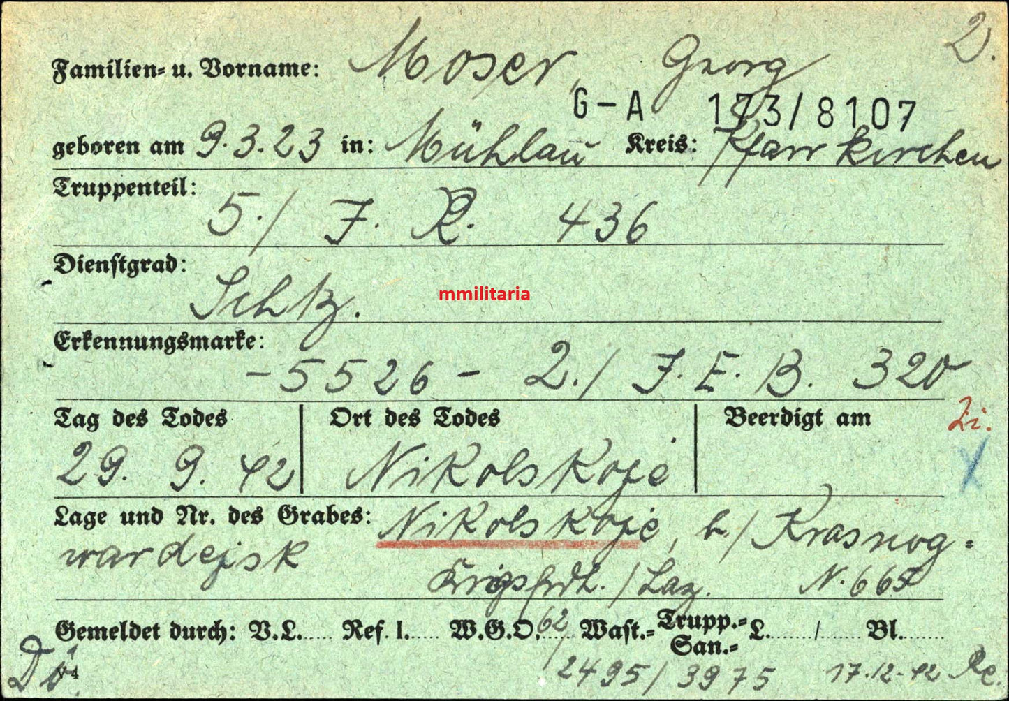 Sterbebild Schütze Mühlau 5. Komp. Inf. Regt. 436 Krgslaz. 928 Nikolskoje Russland