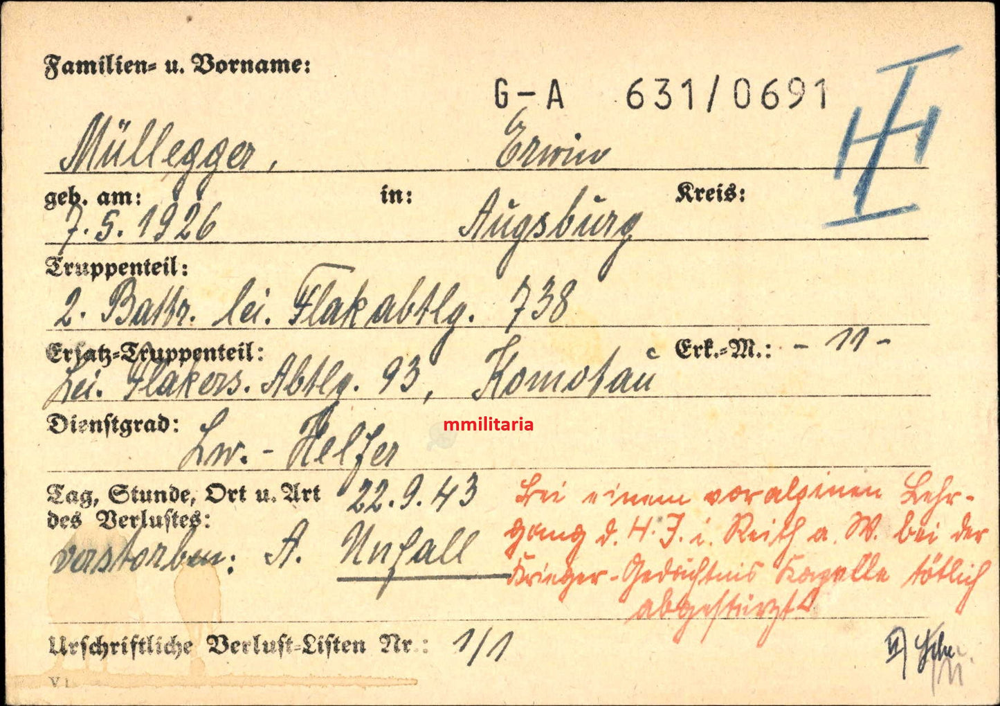 Sterbebild Luftwaffenhelfer Augsburg 2. Batterie Flak Abt. 738 17 Jahre Absturz Unfall