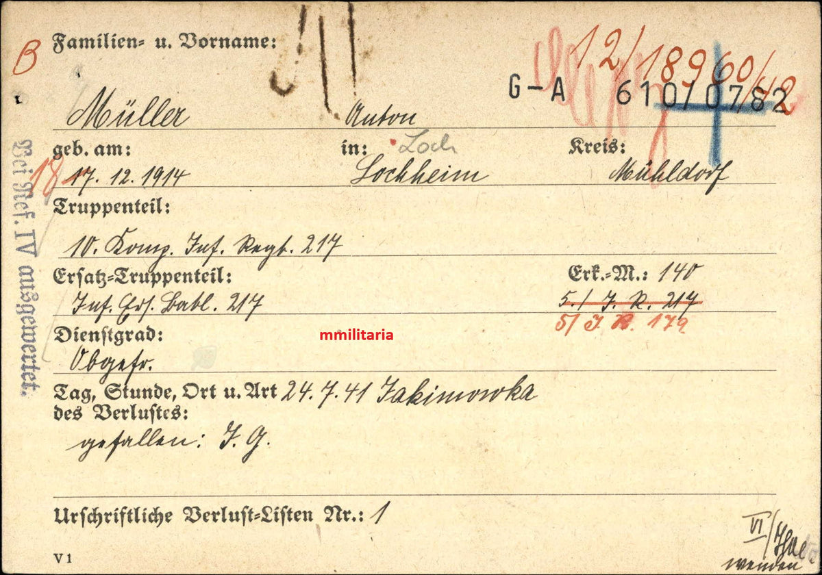 Sterbebild Obergefreiter Lochheim 10. Komp. Inf. Regt. 217 Jakimowka Ukraine