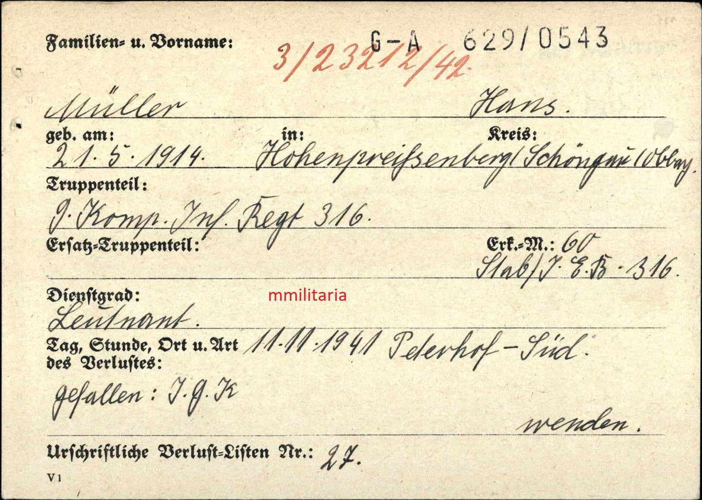 Sterbebild als Briefpost Groß Leutnant Schongau 9. Komp. Inf. Regt. 316 Stosstruppunternehmen Peterhof-Süd Russland