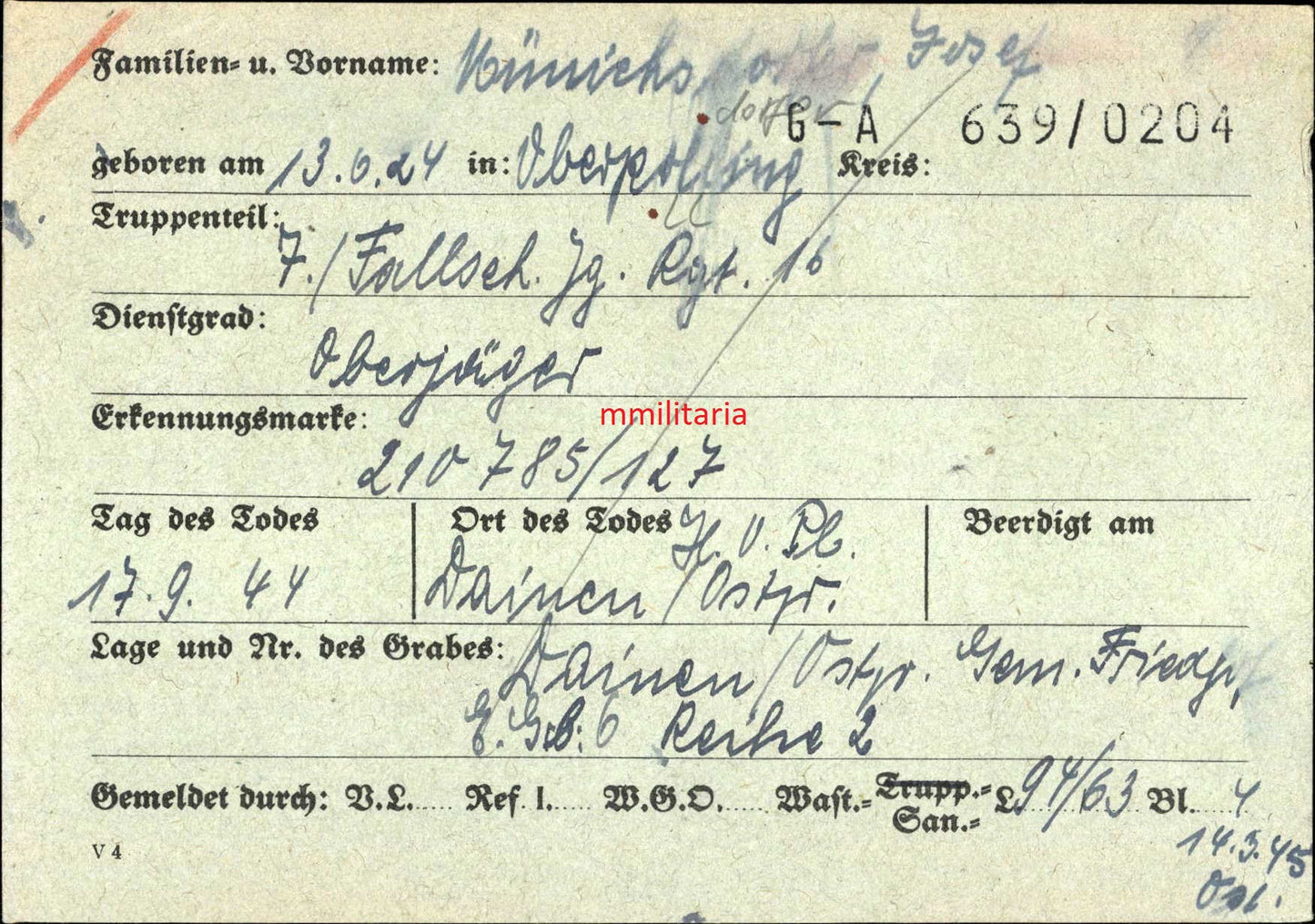 Sterbebild Unteroffizier Oberpolling 7. Fallschirmjäger Regt. 16 Dainen Ostpreußen