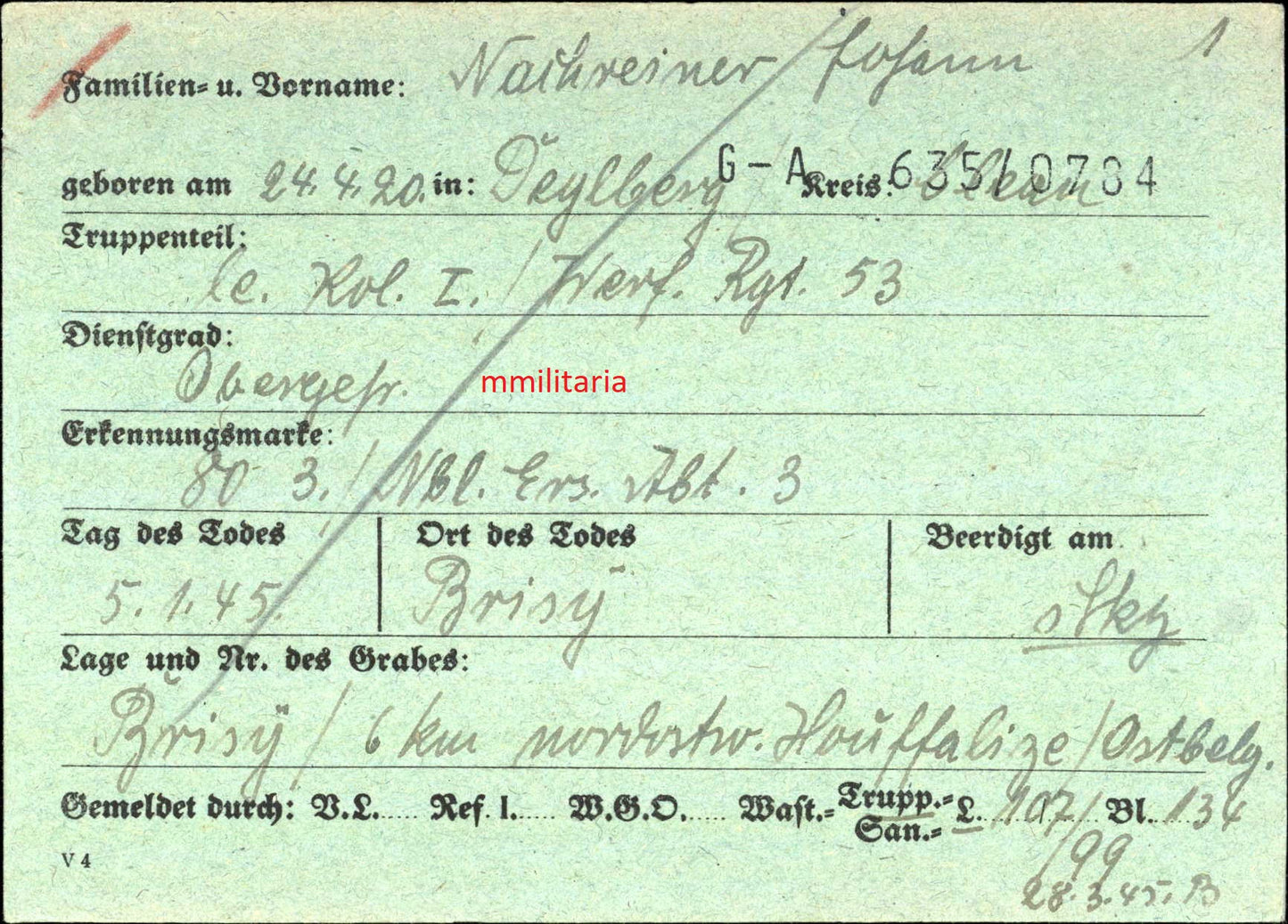 Sterbebild Obergefreiter Leichte Kol. I./Werfer Regt. 53 Houffalize Recogne-Bastogne Belgien